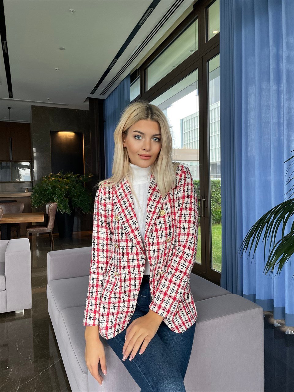 Kırmızı Gold Düğme Blazer Ceket