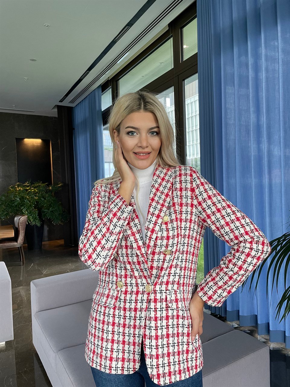 Kırmızı Gold Düğme Blazer Ceket