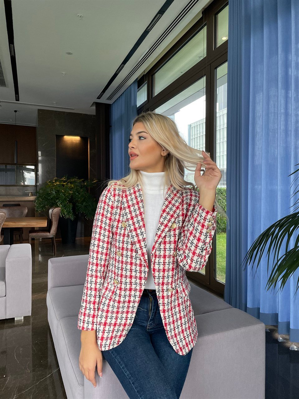Kırmızı Gold Düğme Blazer Ceket