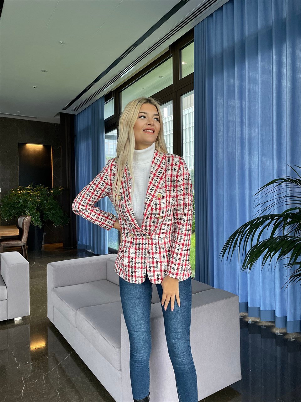 Kırmızı Gold Düğme Blazer Ceket