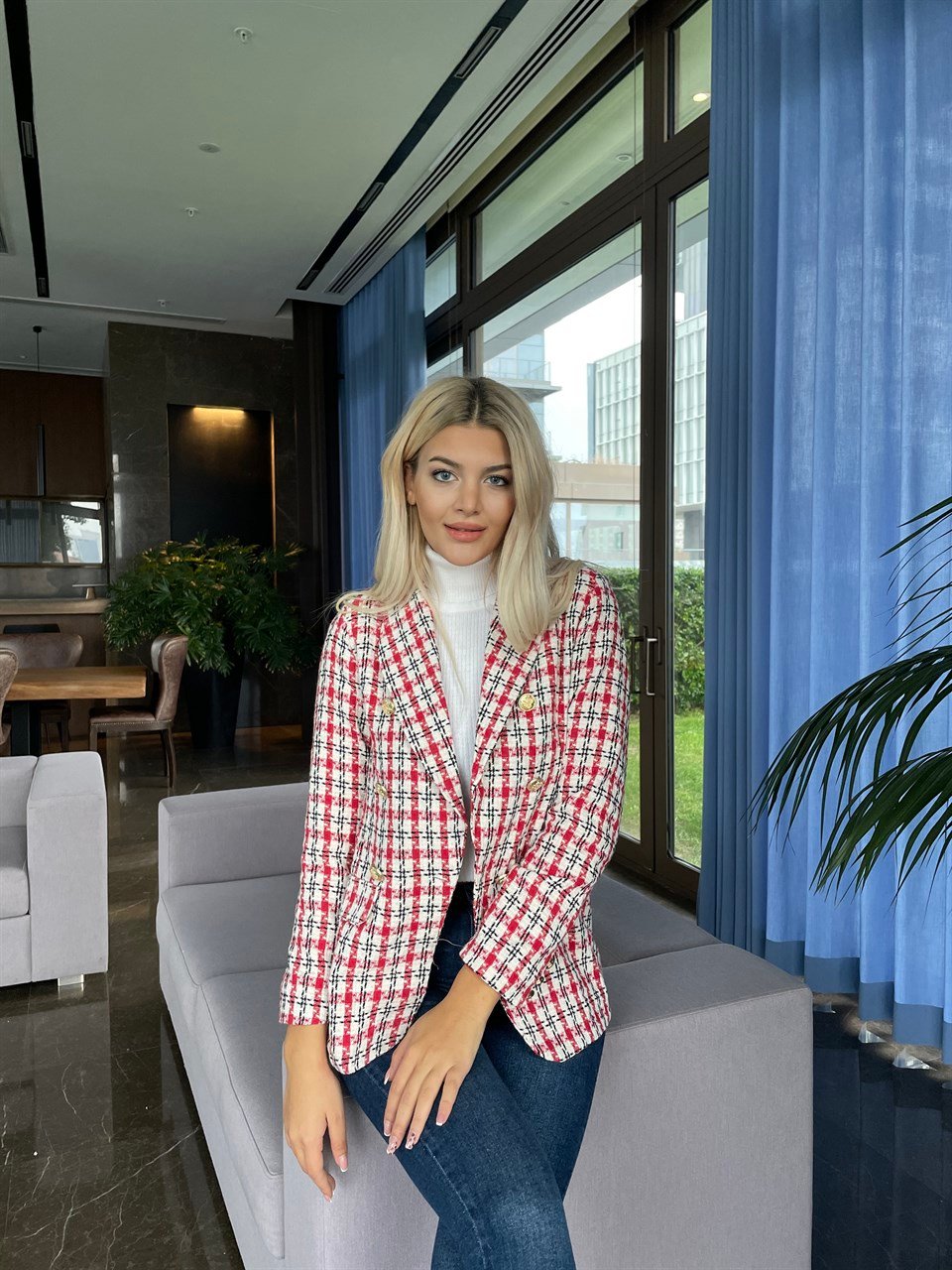 Kırmızı Gold Düğme Blazer Ceket