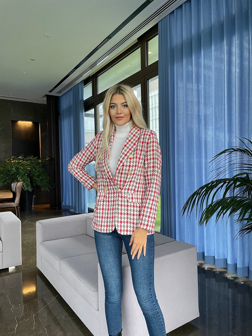 Kırmızı Gold Düğme Blazer Ceket