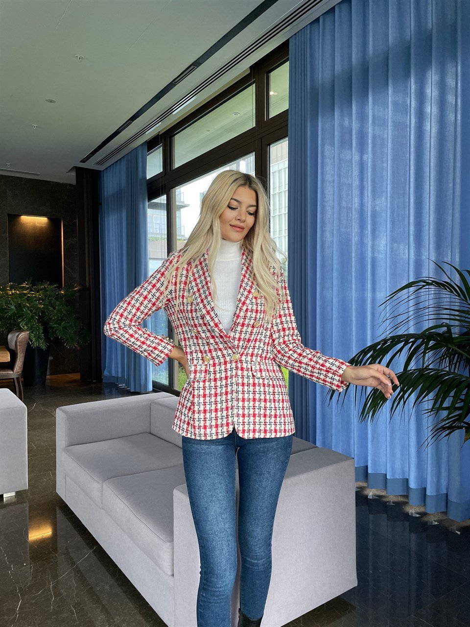 Kırmızı Gold Düğme Blazer Ceket