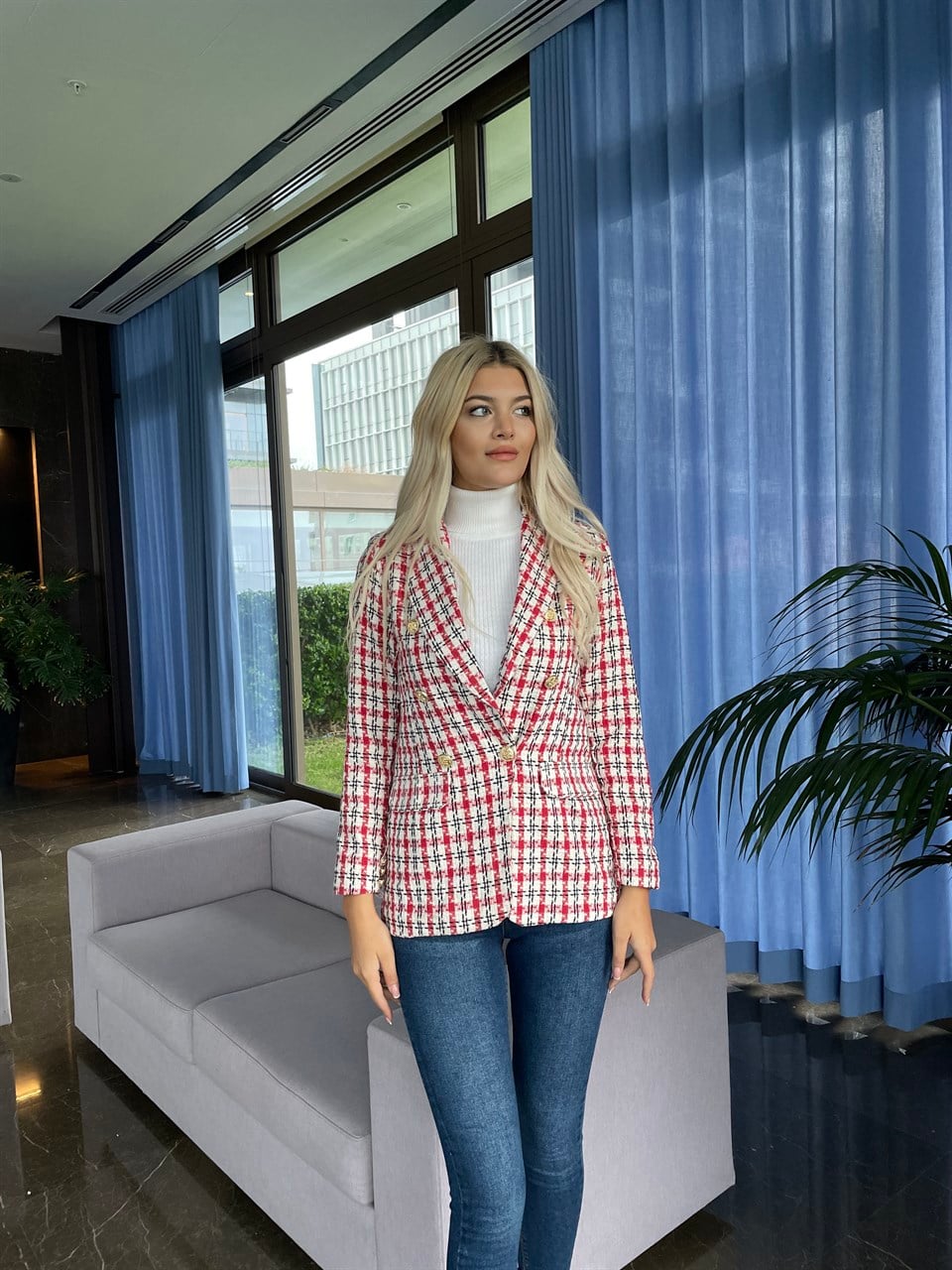 Kırmızı Gold Düğme Blazer Ceket