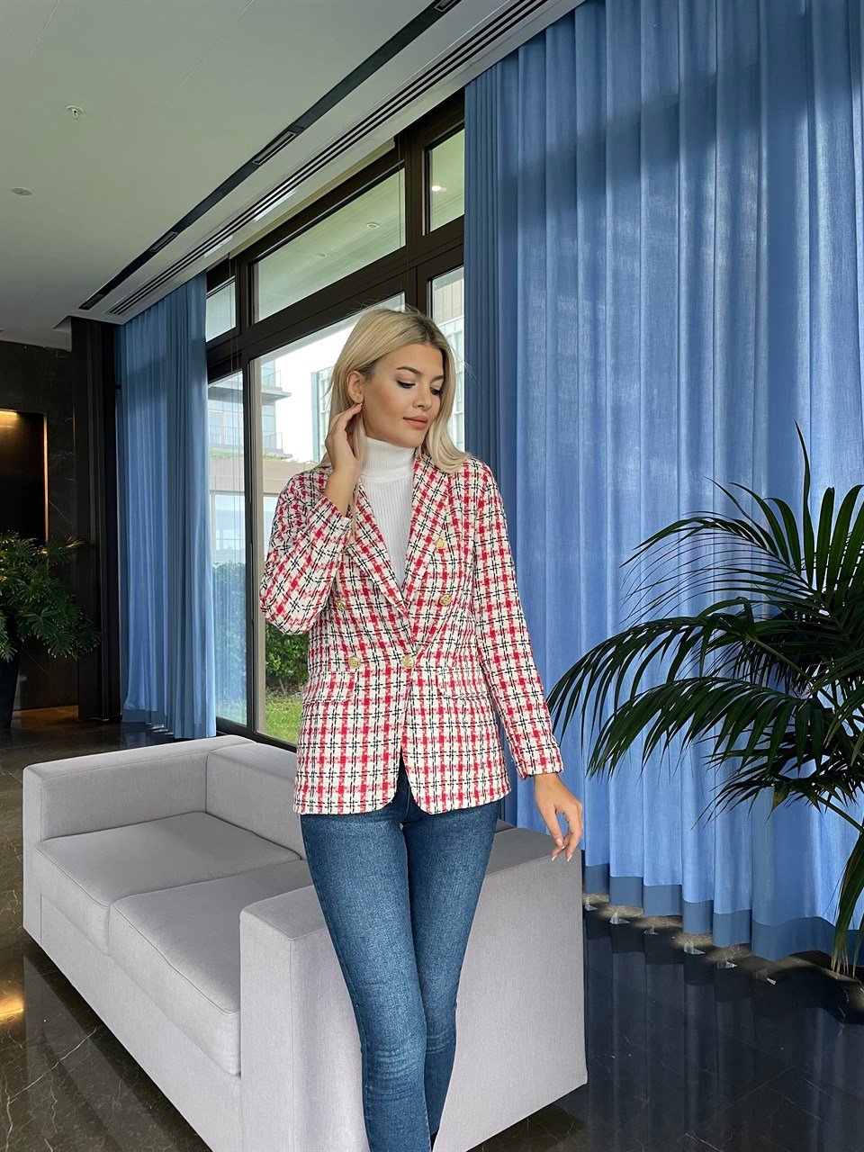 Kırmızı Gold Düğme Blazer Ceket
