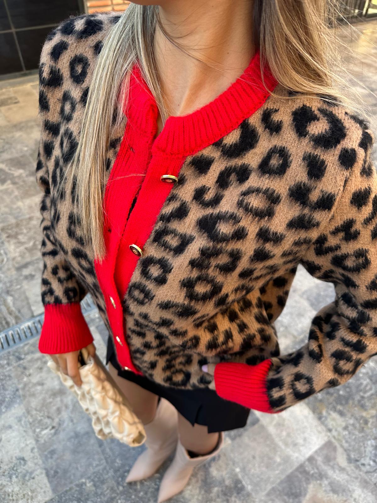 Kırmızı Şeritli Leopar Desen Hırka hrk2043rvd