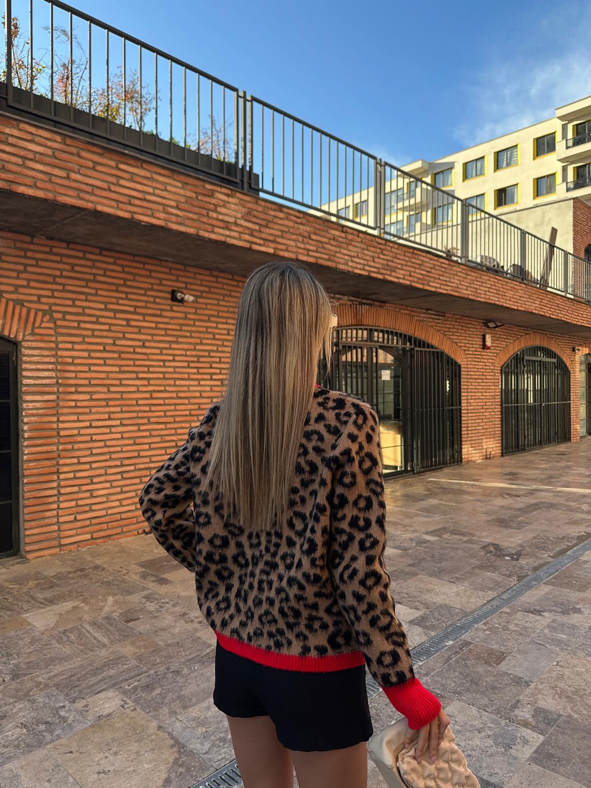 Kırmızı Şeritli Leopar Desen Hırka hrk2043rvd