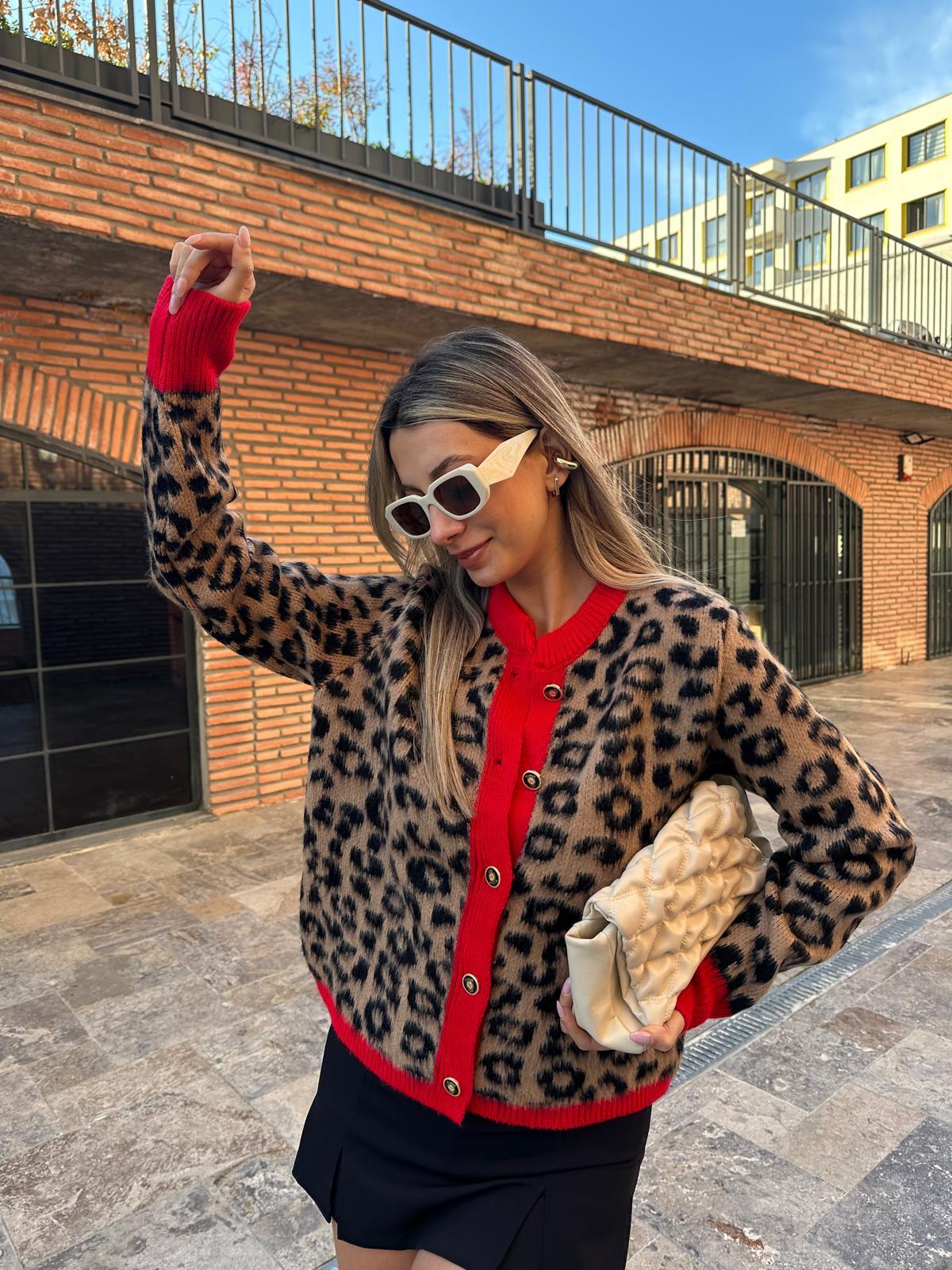 Kırmızı Şeritli Leopar Desen Hırka hrk2043rvd