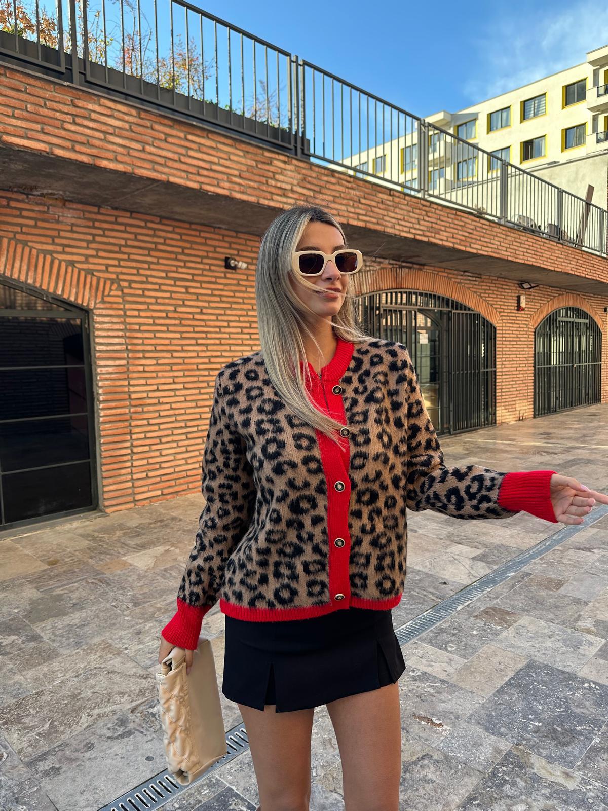 Kırmızı Şeritli Leopar Desen Hırka hrk2043rvd