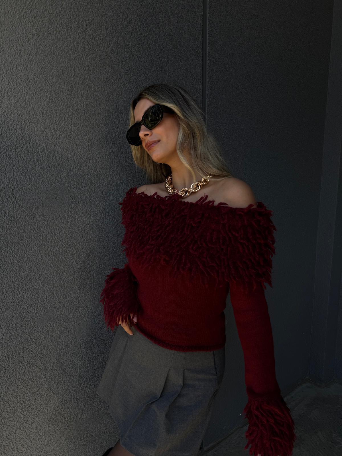 Kol V Yaka Saçaklı Triko Bordo Bluz kzk2090msy