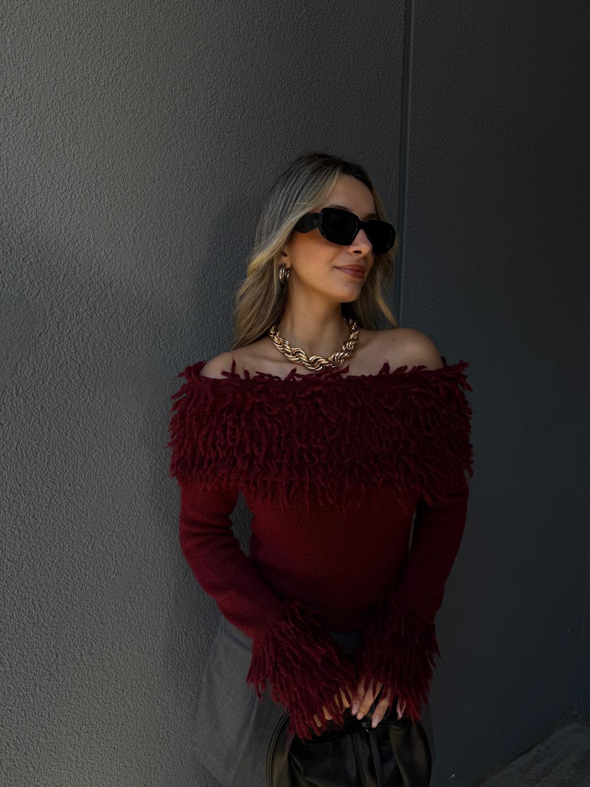 Kol V Yaka Saçaklı Triko Bordo Bluz kzk2090msy