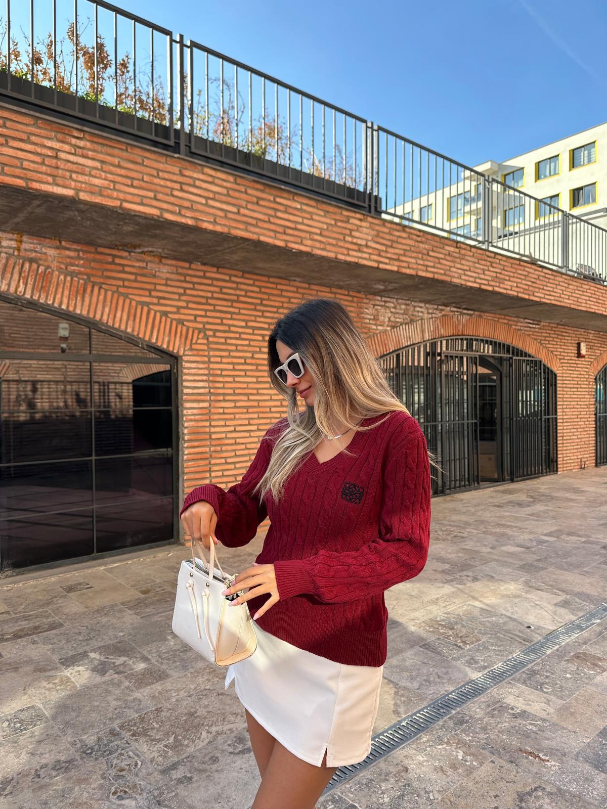 Kolej Nakış V Yaka Saç Örgü Triko Bordo Kazak kzk2017styq