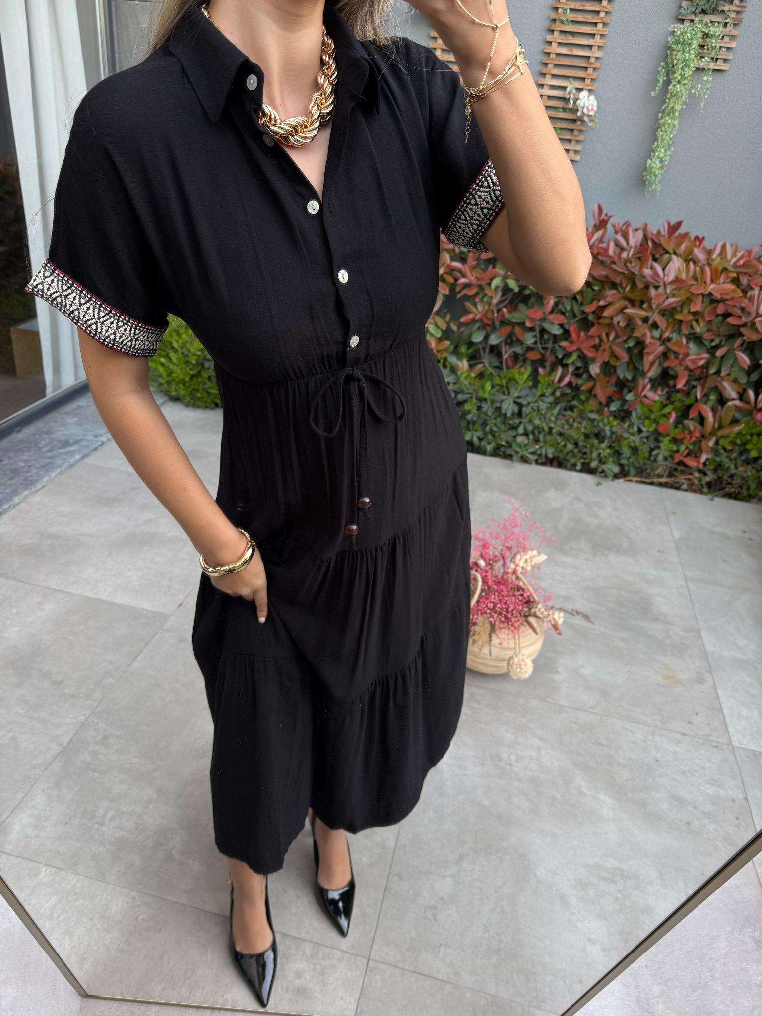 Kolları İşlemeli Keten Elbise Siyah070621139