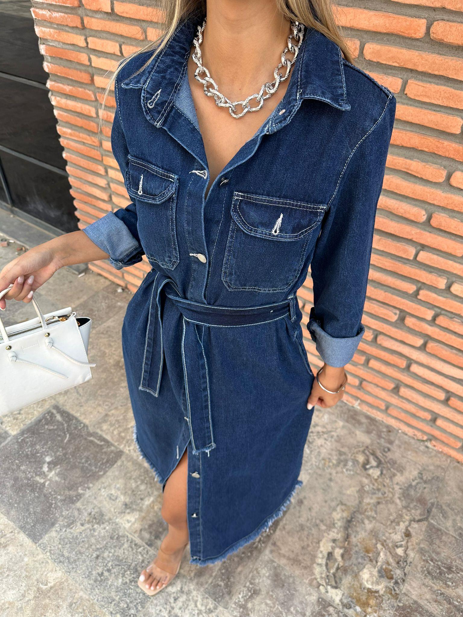 Koyu Mavi Midi Boy Essa Tasarım Jean Elbise kelb1003sg