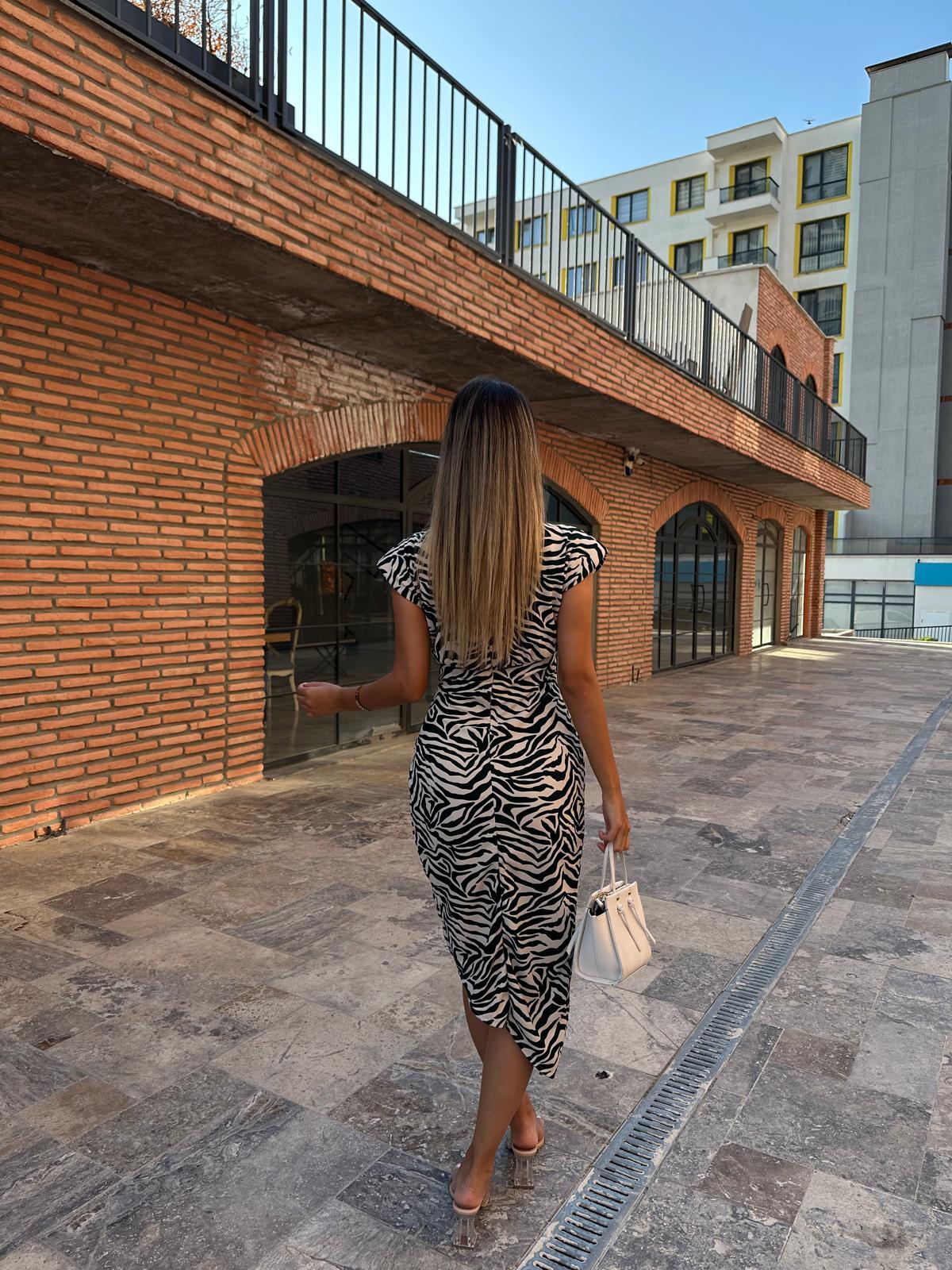 Koyu Yeşil Desenli Zebra Kalem Elbise 070621193