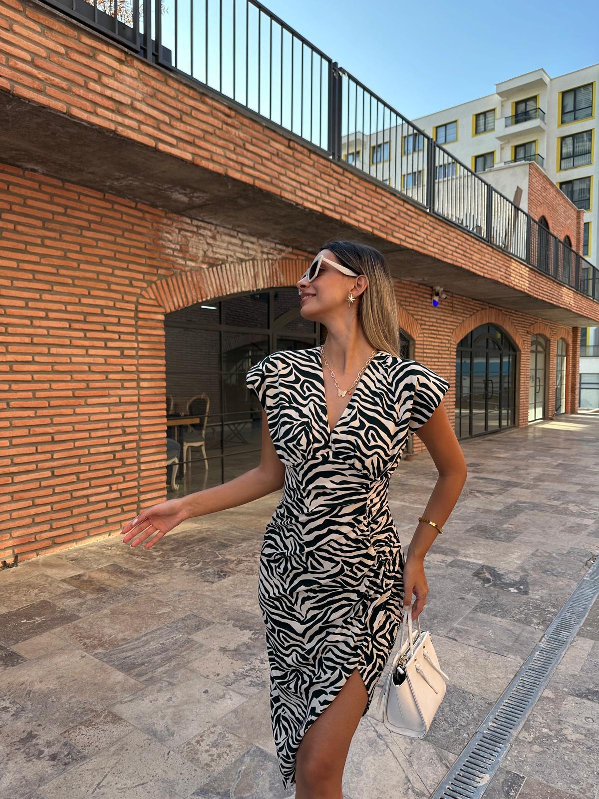 Koyu Yeşil Desenli Zebra Kalem Elbise 070621193