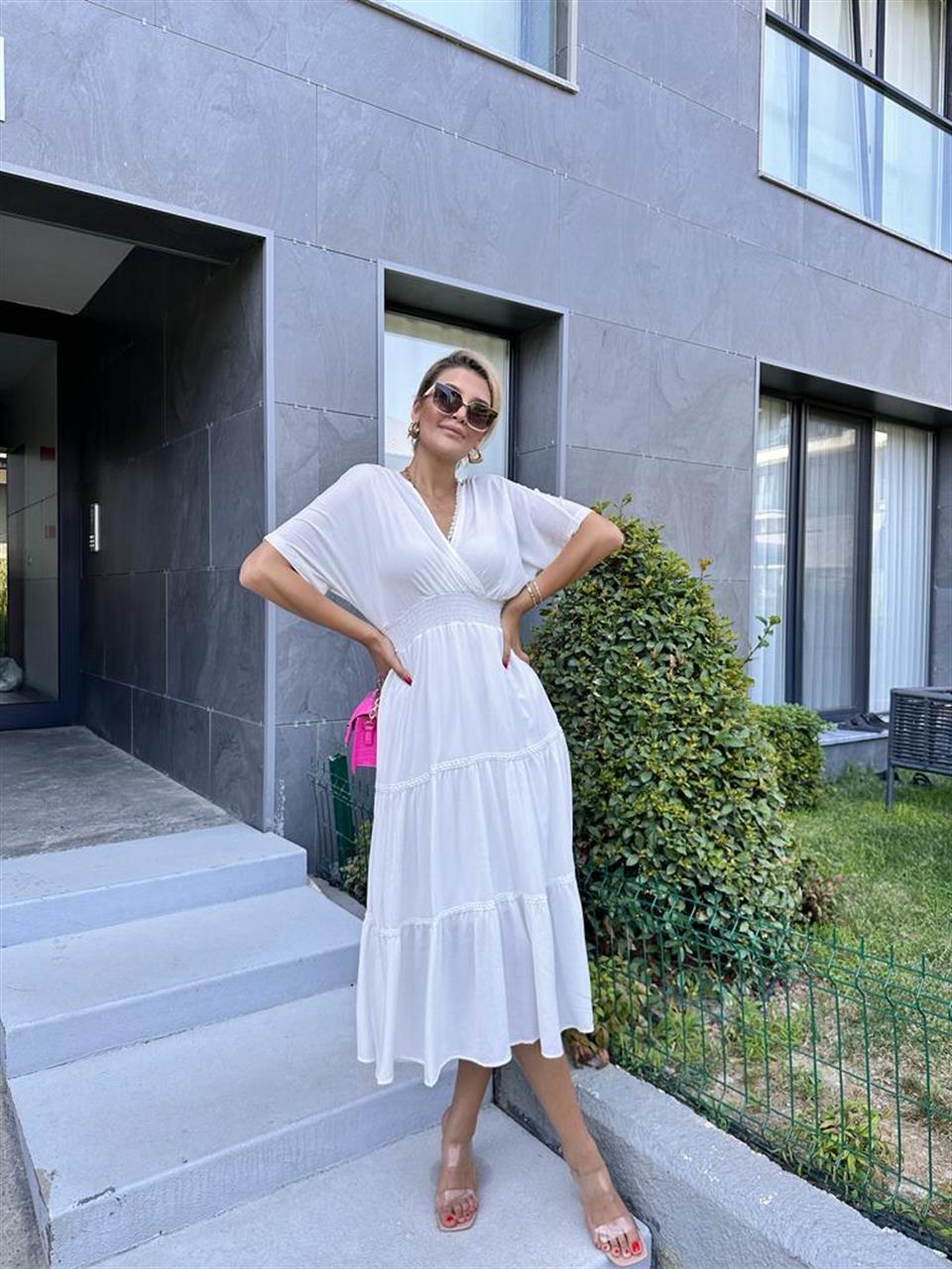Krinkıl Kumaş Sırt Bağcıklı Kruvaze Elbise 1707339