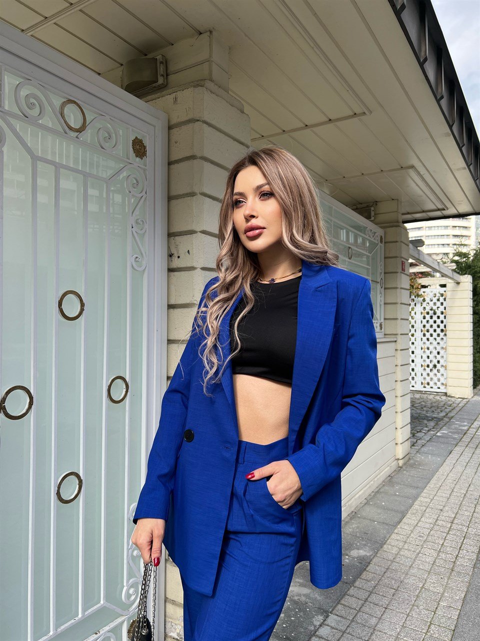 Kroseçli İthal Keten Saks Palazzo Takım