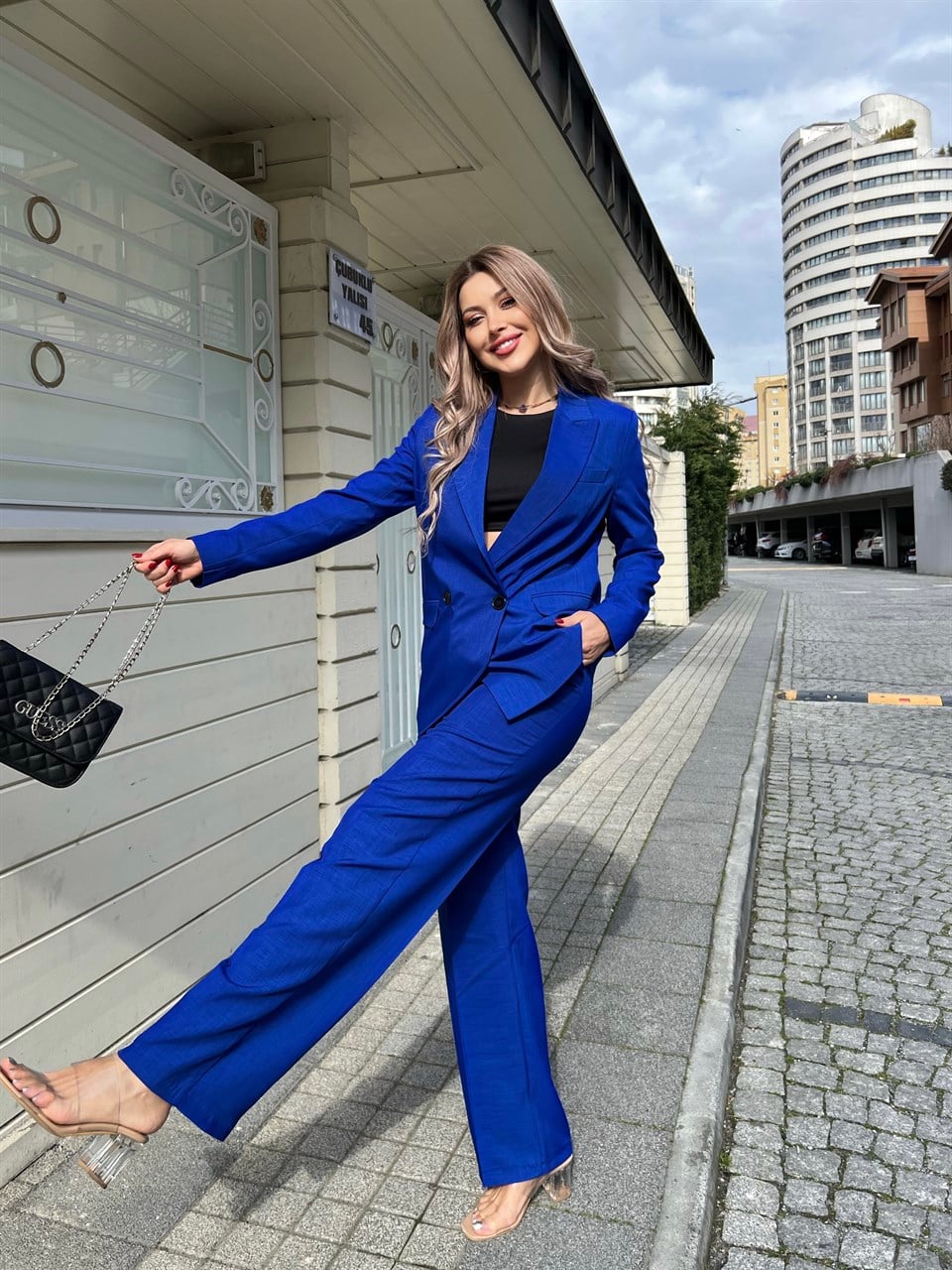 Kroseçli İthal Keten Saks Palazzo Takım