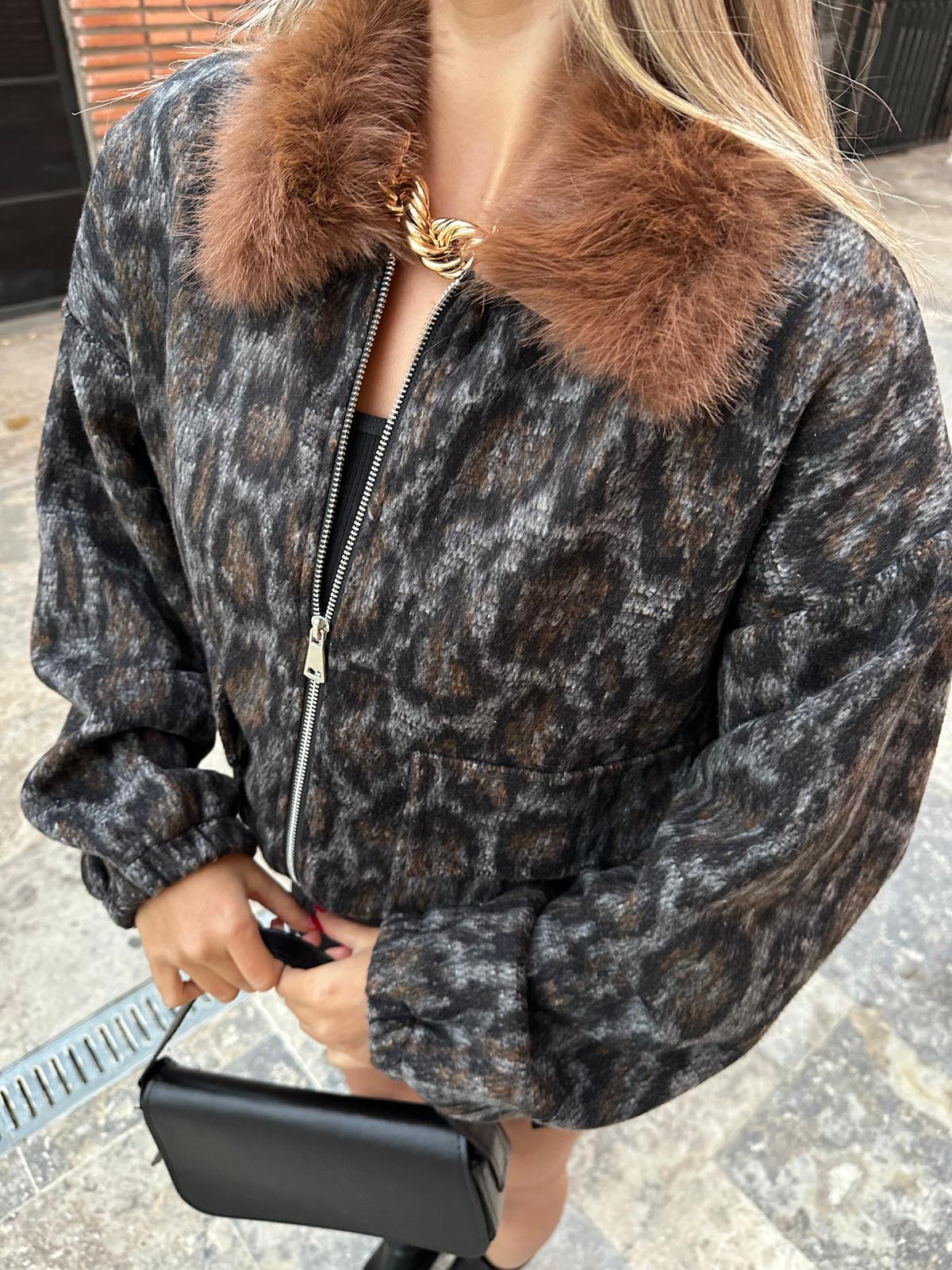 Kürk Yaka Leopar Kaşe Bomber Mont mnt1095mzr
