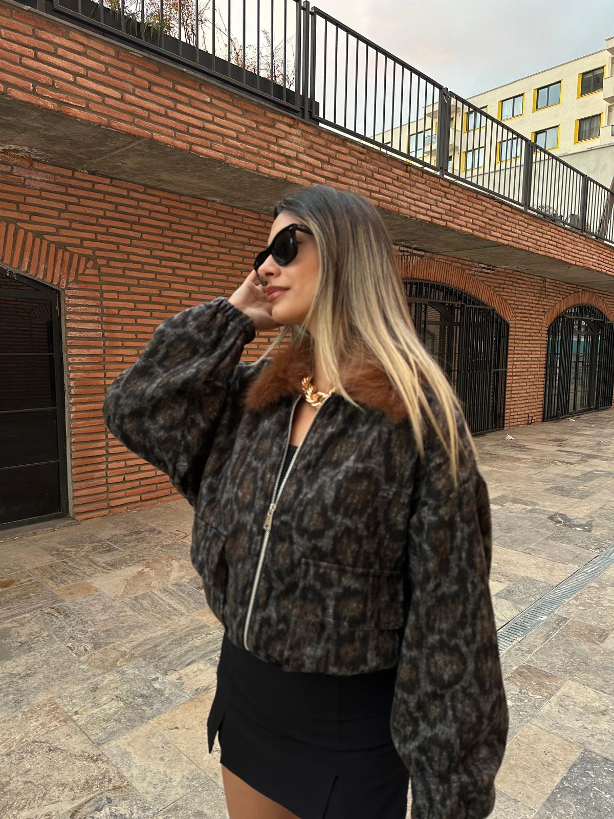 Kürk Yaka Leopar Kaşe Bomber Mont mnt1095mzr