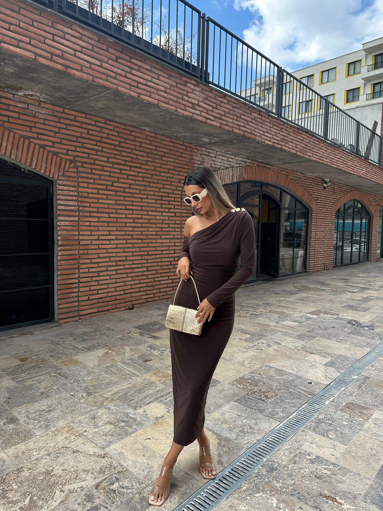 Laura Omuz Aksesuarlı Kahverengi Kalem Elbise kelb1005grs