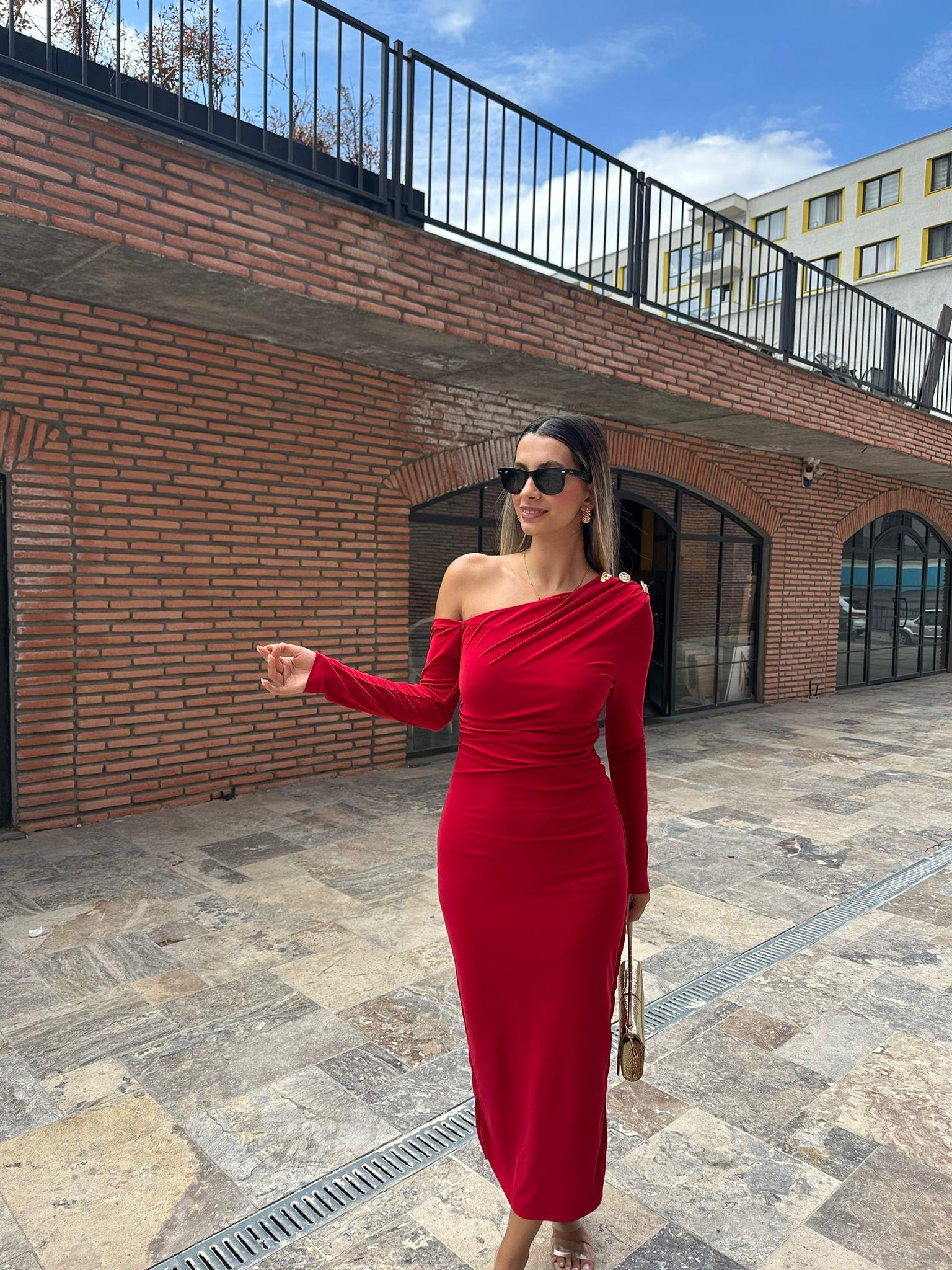 Laura Omuz Aksesuarlı Kırmızı Kalem Elbise kelb1005grs