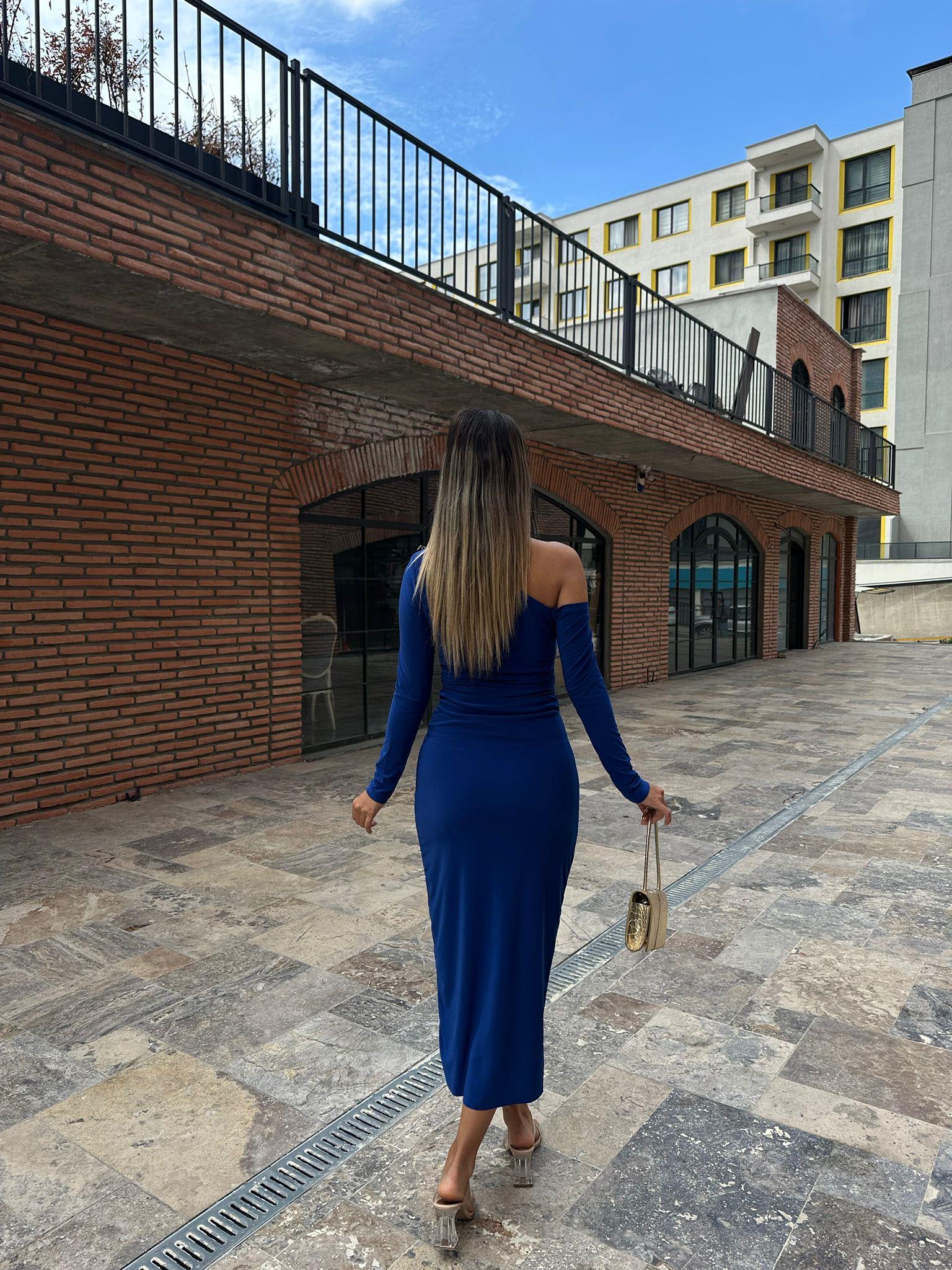 Laura Omuz Aksesuarlı Saks Kalem Elbise kelb1005grs