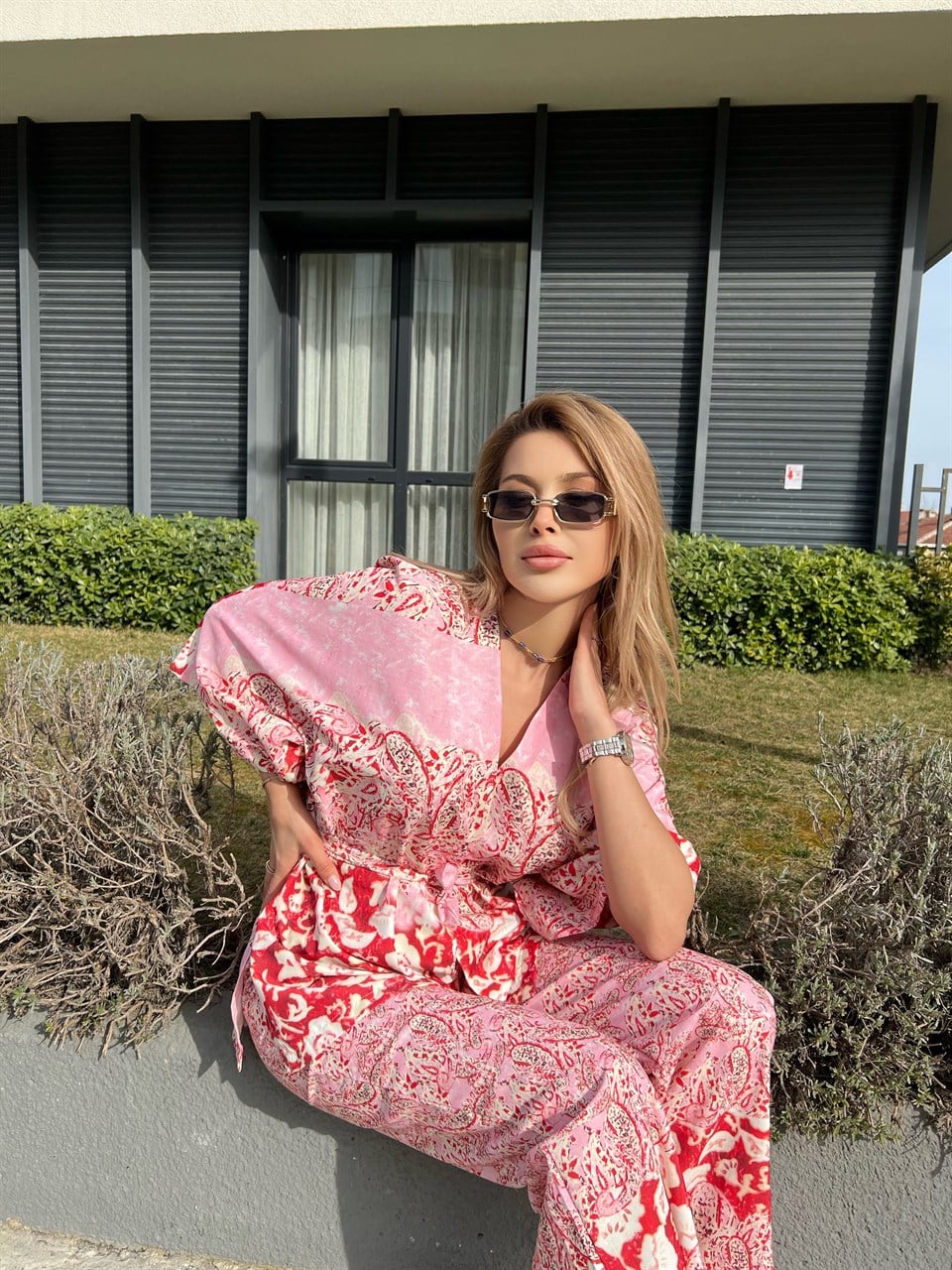 Leela Pembe Çiçekli Kimonolu Takım