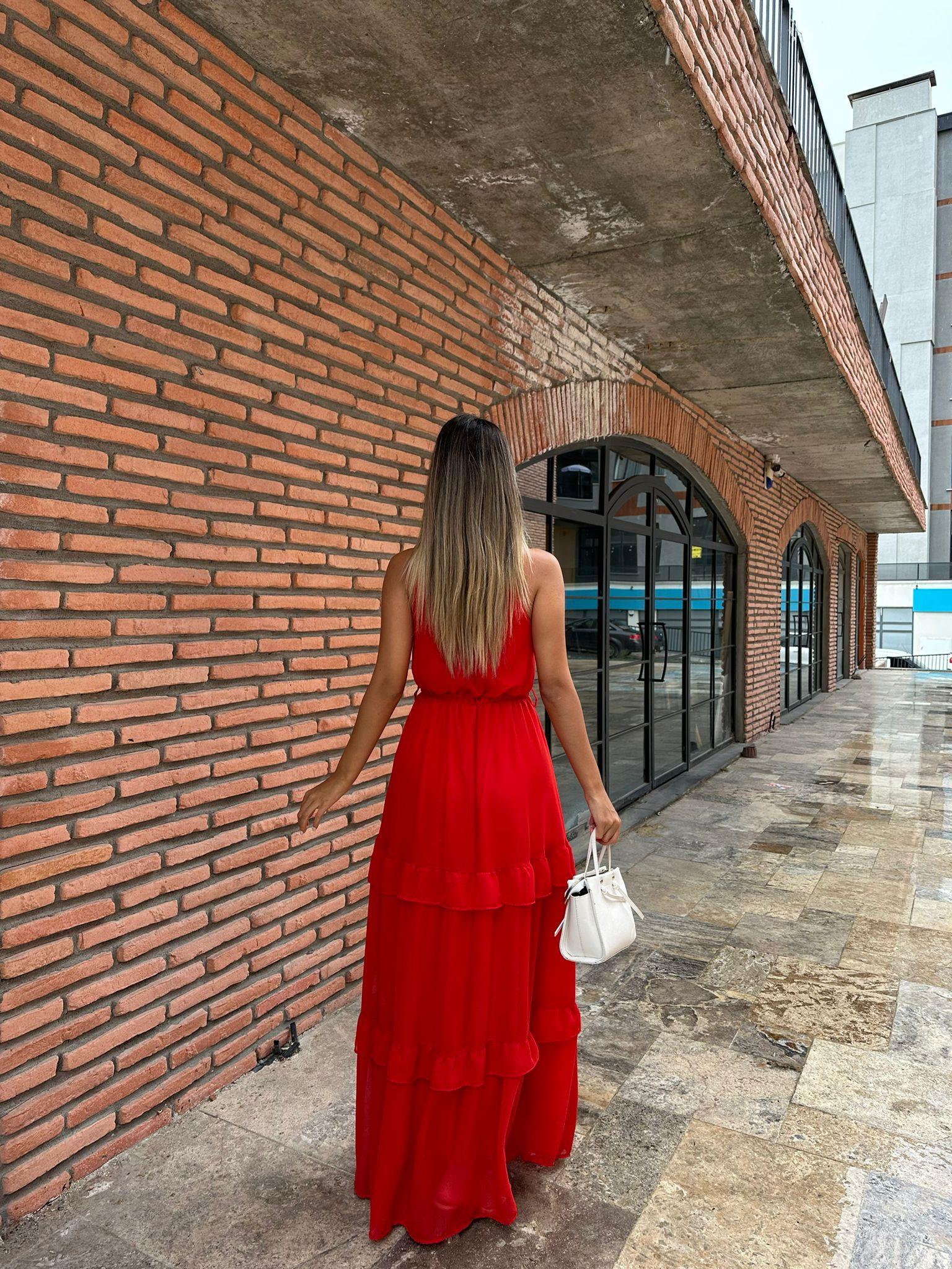 Lefla Boyun Bağlamalı Kırmızı Elbise 070621198
