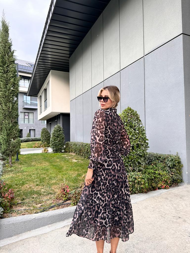 Lelly Leopar Desen Astarlı Uzun Elbise 1707461