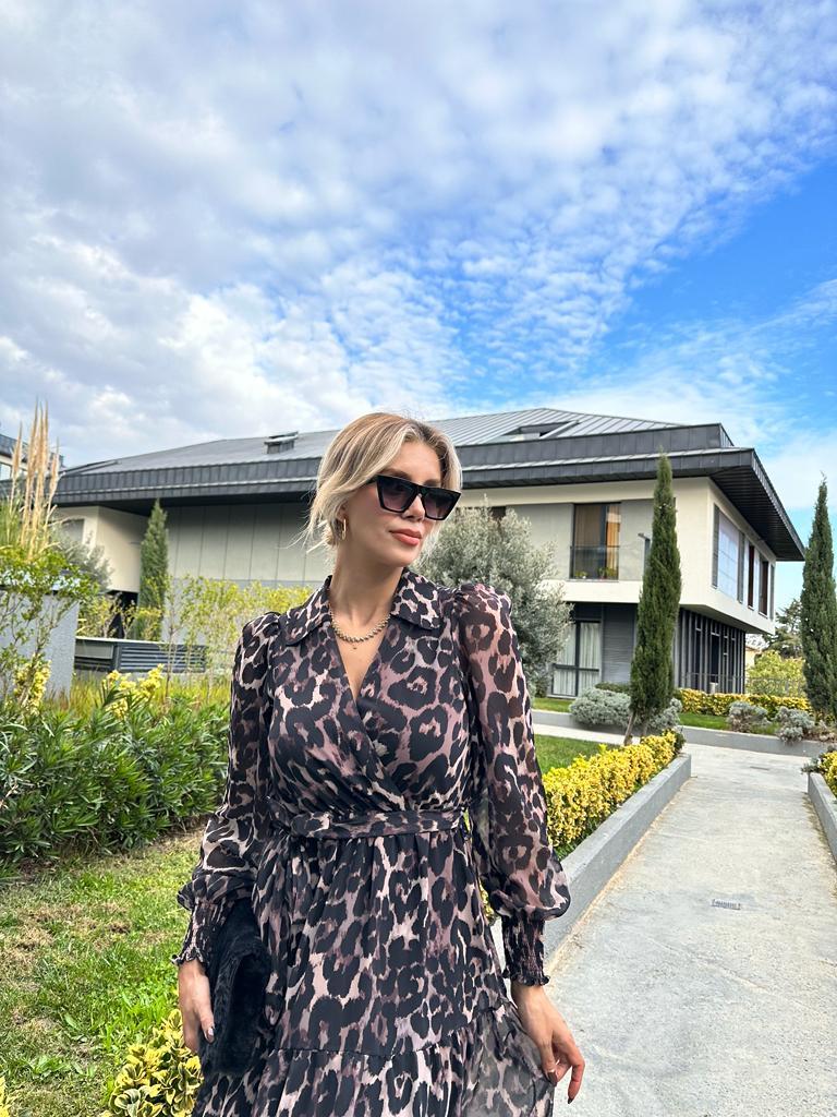 Lelly Leopar Desen Astarlı Uzun Elbise 1707461
