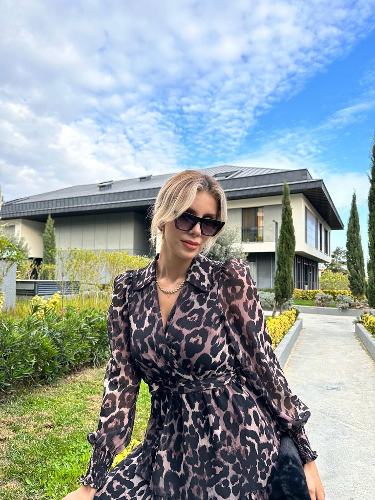 Lelly Leopar Desen Astarlı Uzun Elbise 1707461