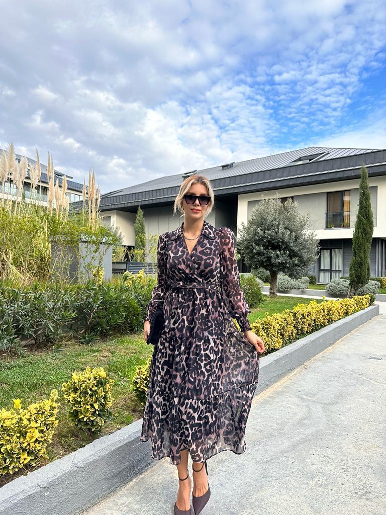 Lelly Leopar Desen Astarlı Uzun Elbise 1707461