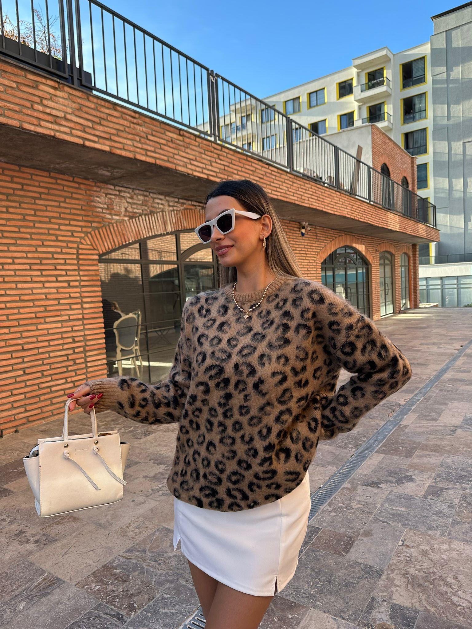 Leo Minik Desenli Kazak Camel-Siyah kzk1072feu