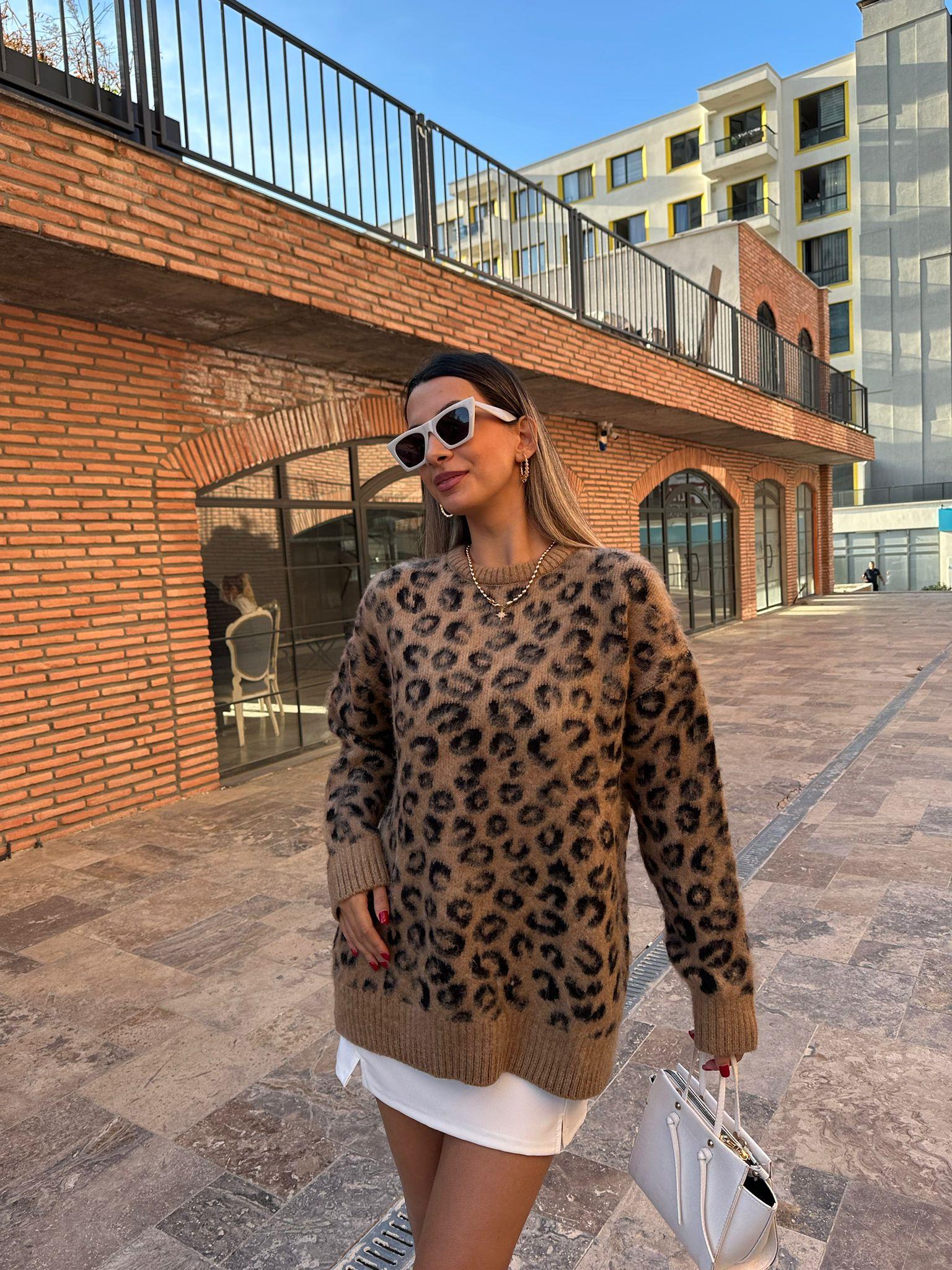 Leo Minik Desenli Kazak Camel-Siyah kzk1072feu