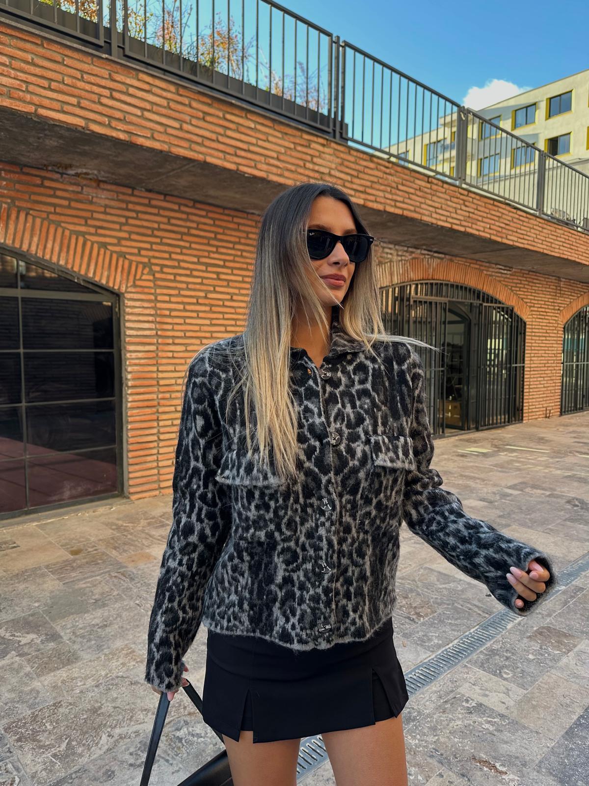 Leopar Desen Jakarlı Hırka Siyah hrk2005usty