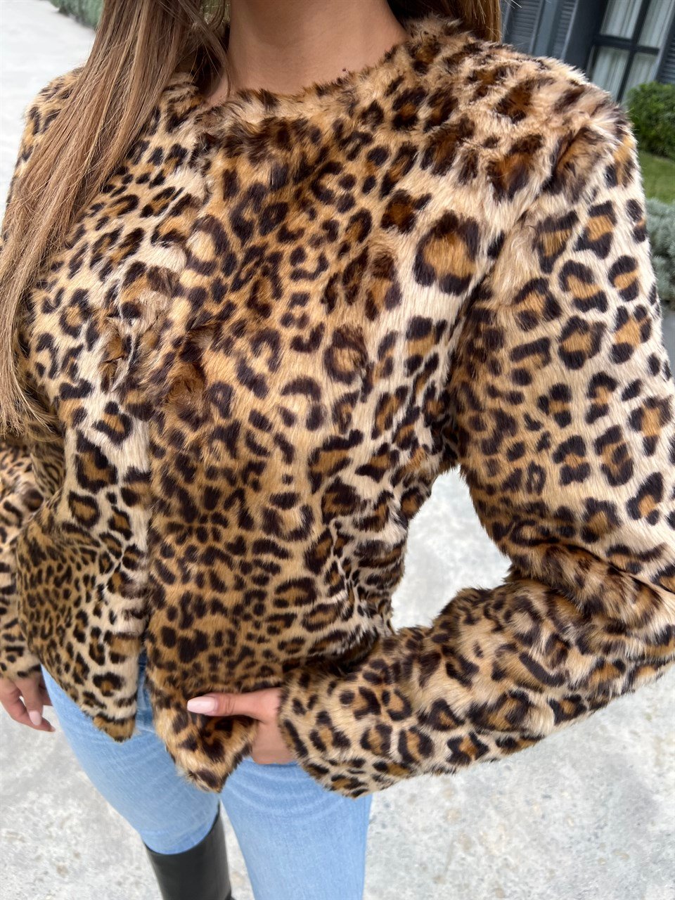 Leopar Desen Kısa Peluş Ceket