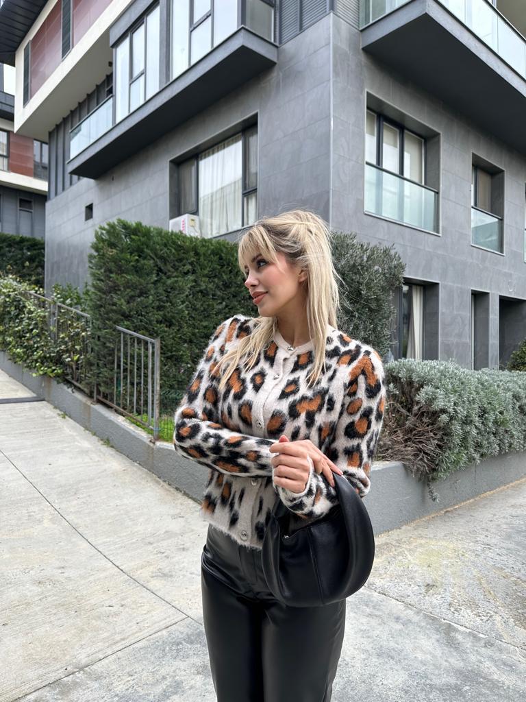 Leopar Desen Krem-Taba Hırka 1707498
