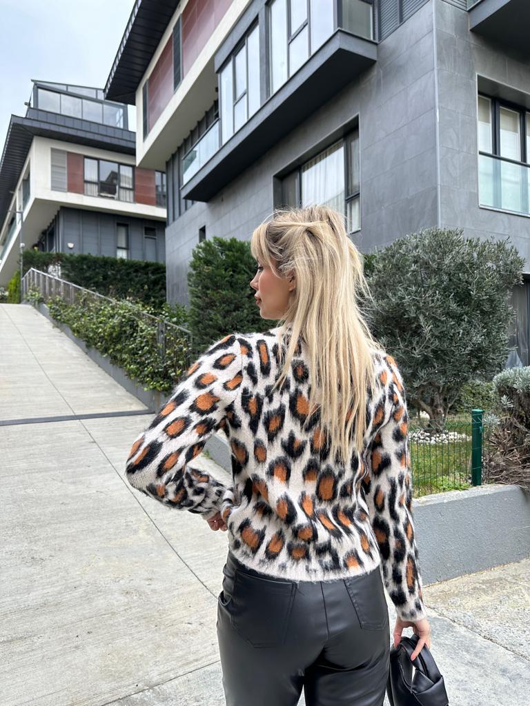 Leopar Desen Krem-Taba Hırka 1707498