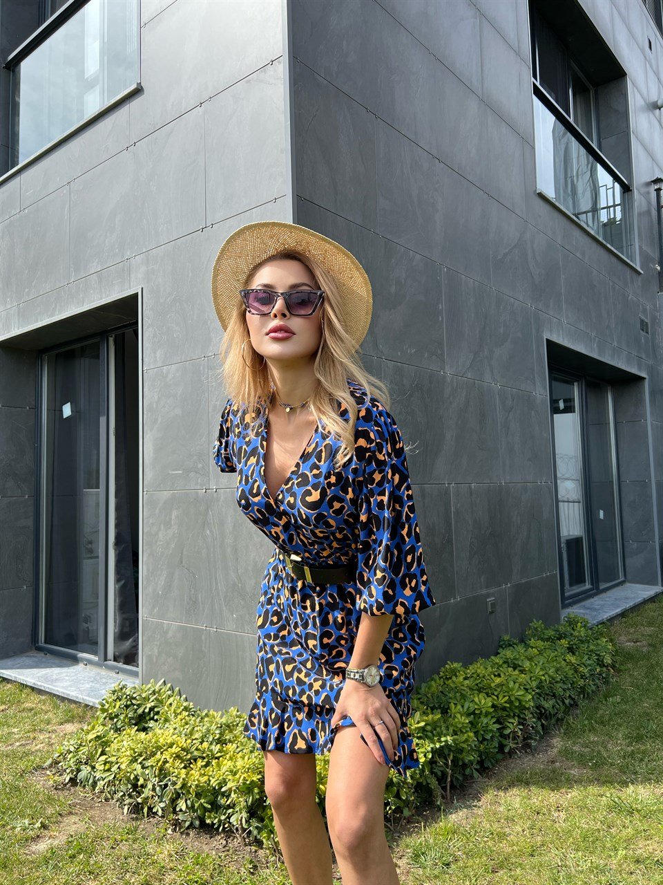 Leopar Desen Sax Kruvaze Elbise