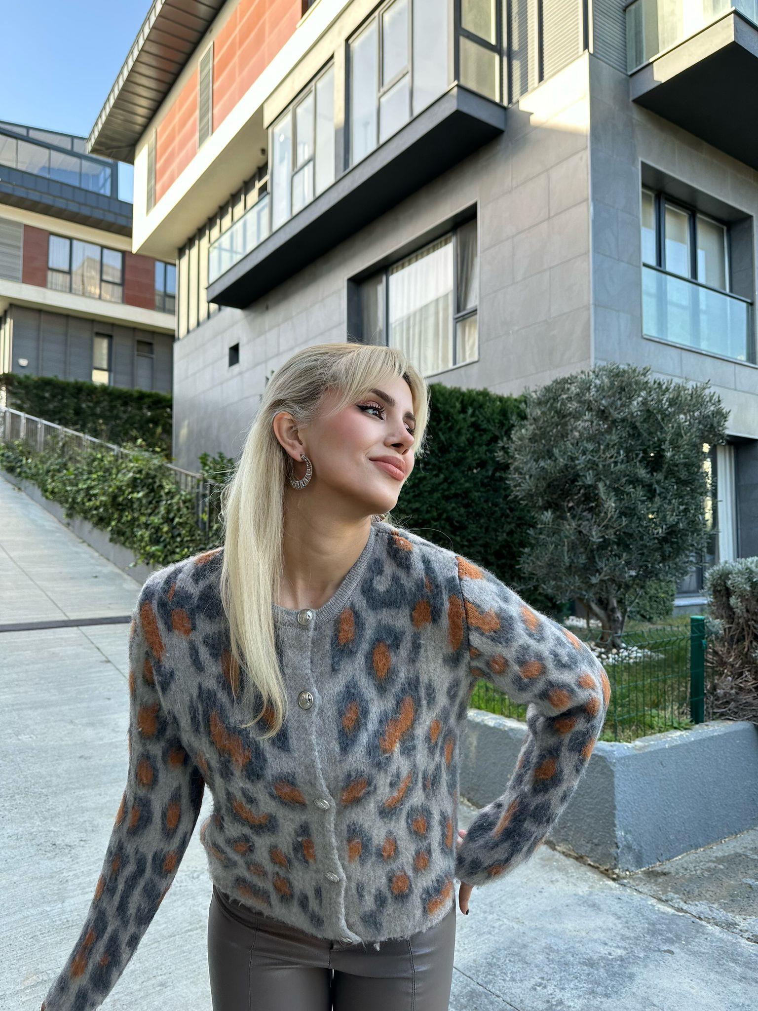 Leopar Desen Vizon-Antrasit Hırka 1707498