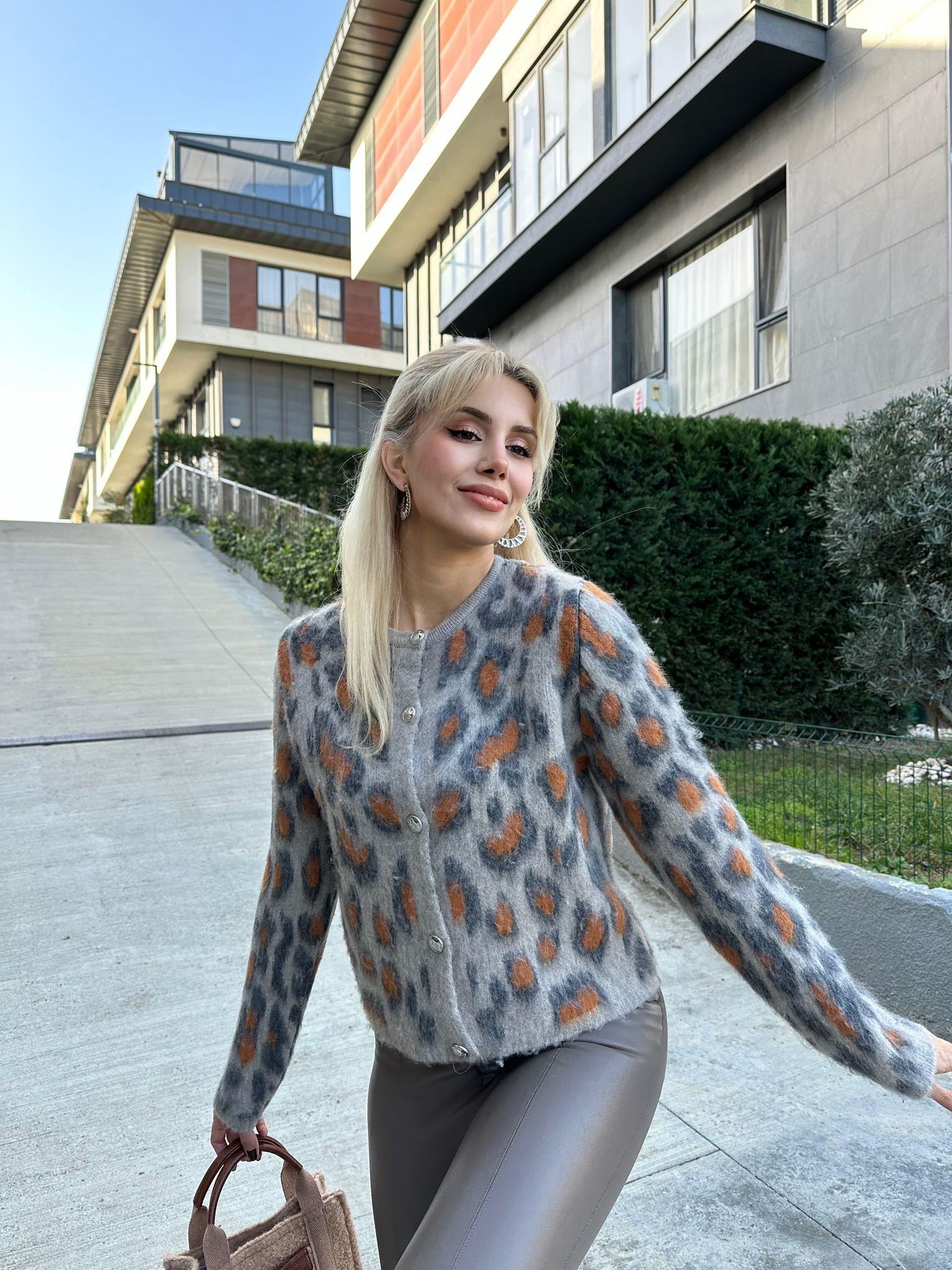 Leopar Desen Vizon-Antrasit Hırka 1707498