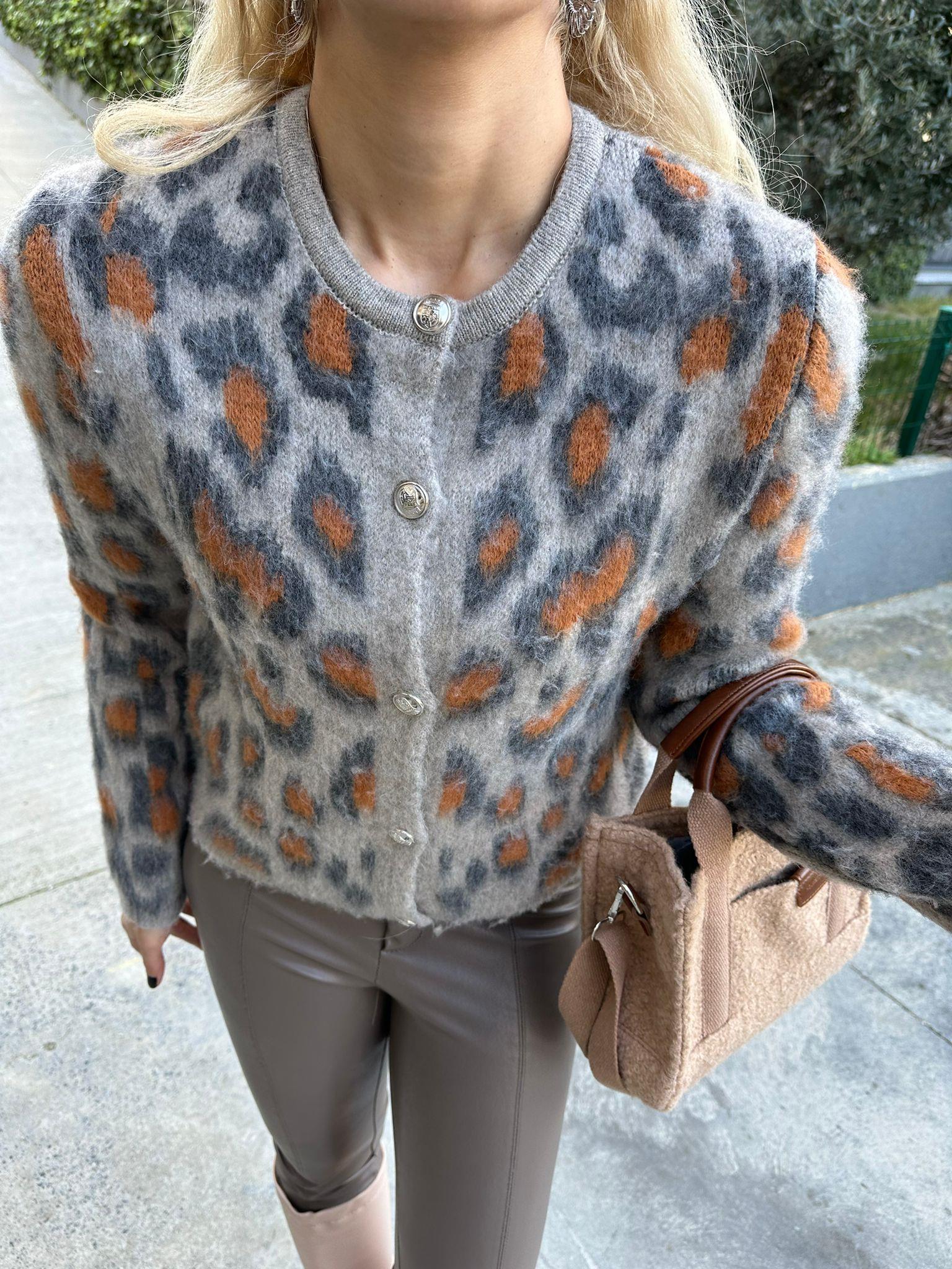 Leopar Desen Vizon-Antrasit Hırka 1707498