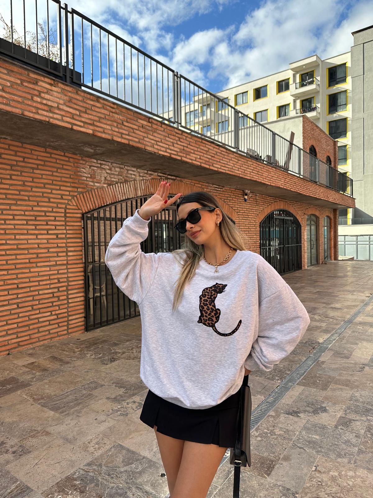 Leopar Figürlü Gri Sweat swt1023htf