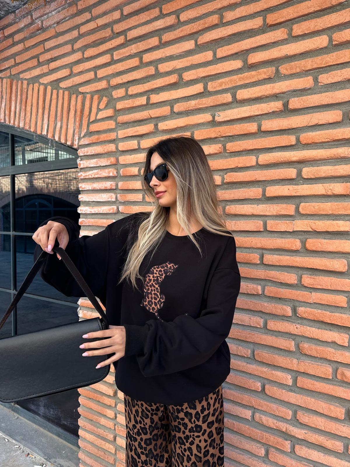 Leopar Figürlü Siyah Sweat swt1023htf