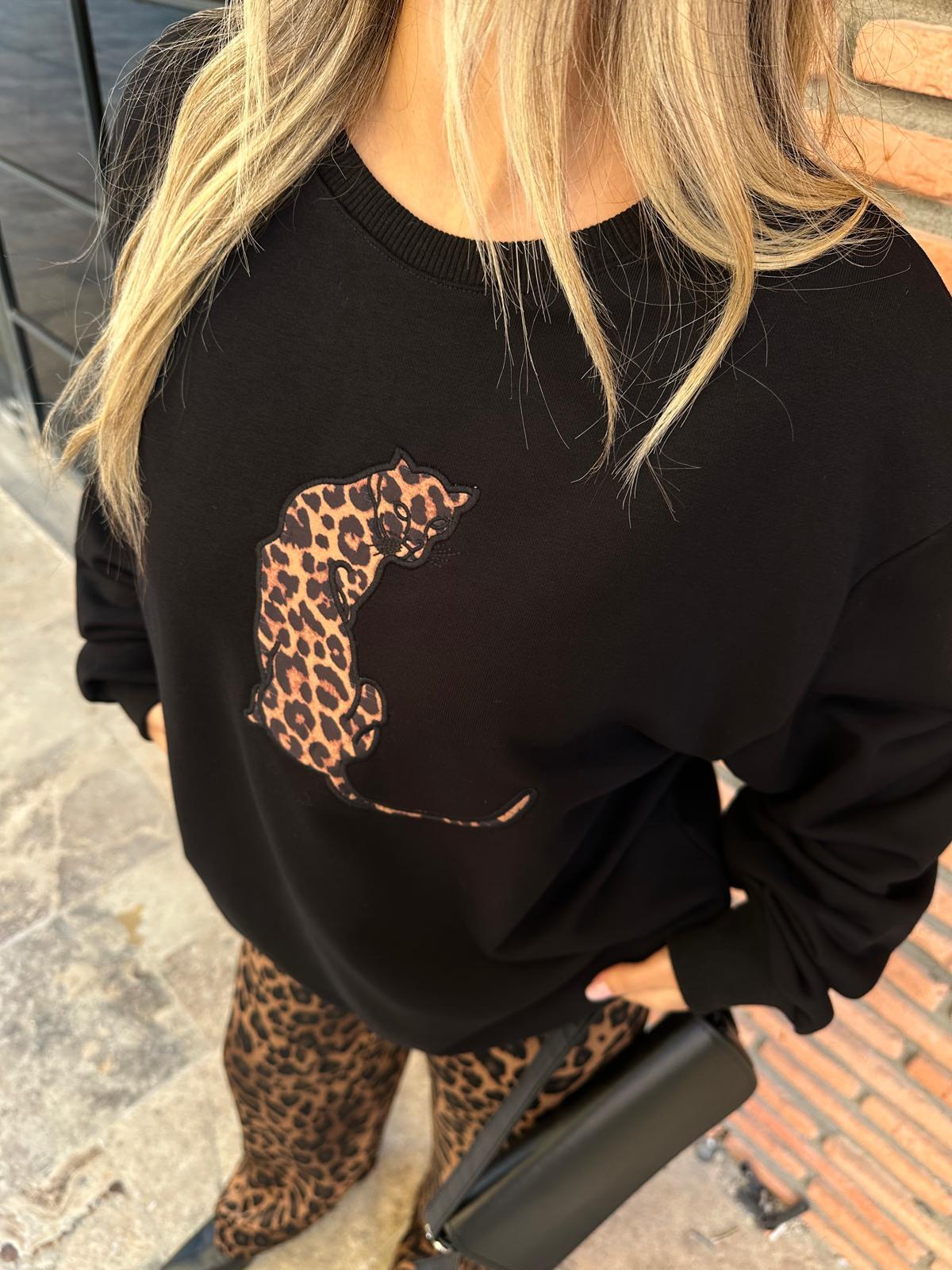 Leopar Figürlü Siyah Sweat swt1023htf