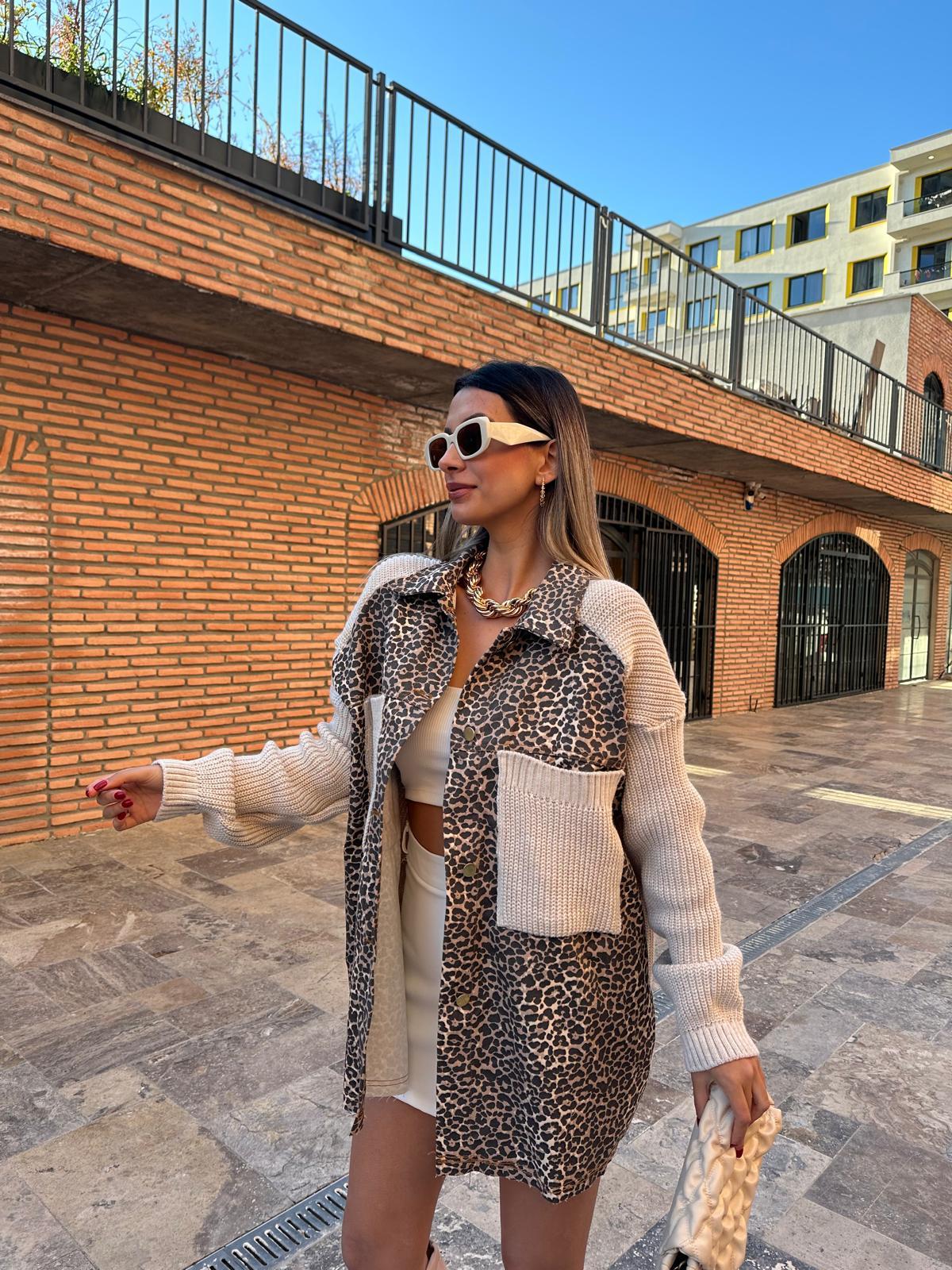 Leopar Garnili Triko Hırka Krem 070621219
