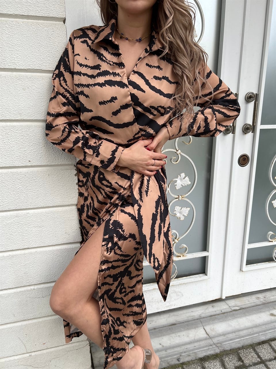 Lesa Camel Zebra Saten Elbise