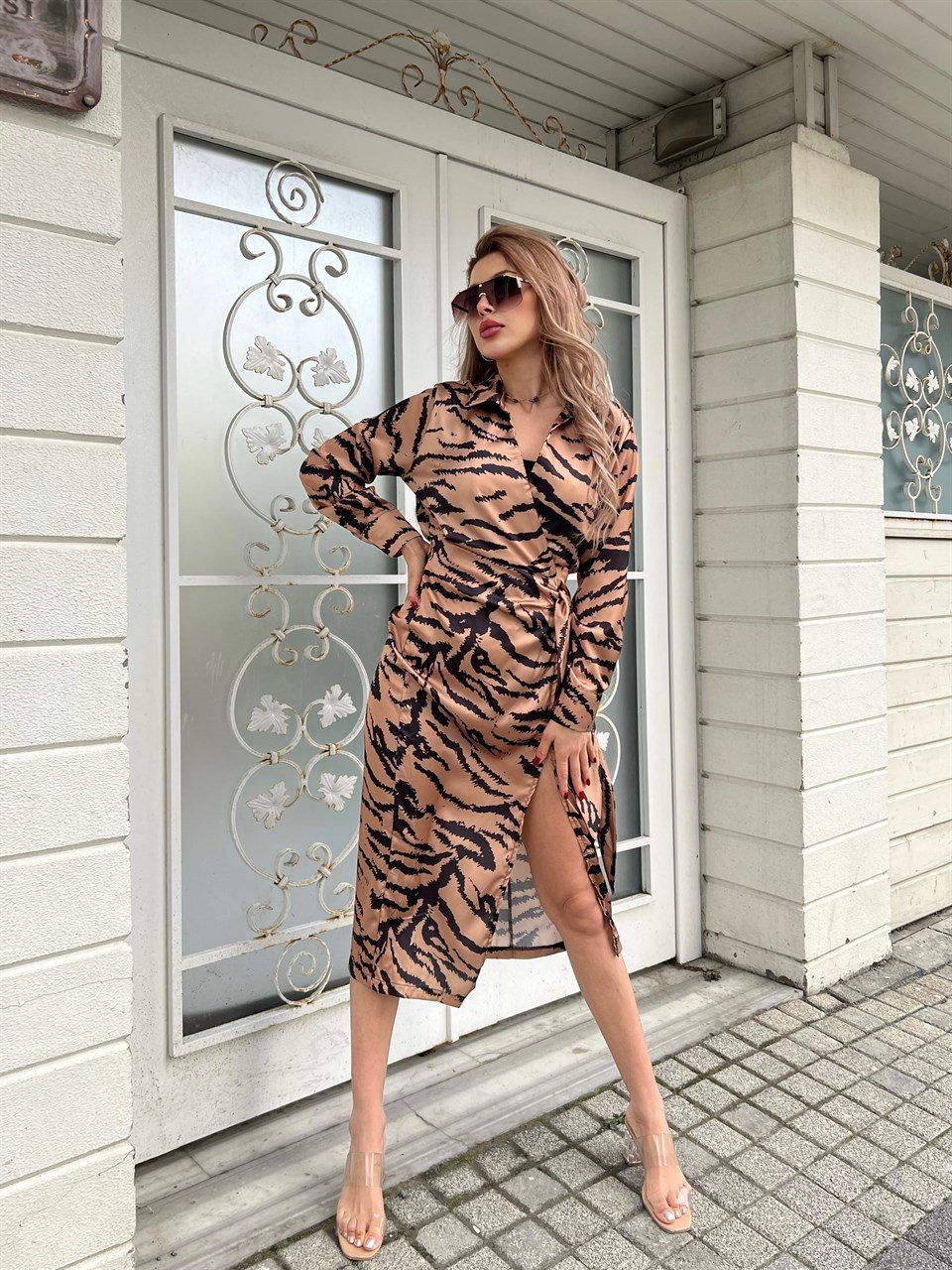 Lesa Camel Zebra Saten Elbise